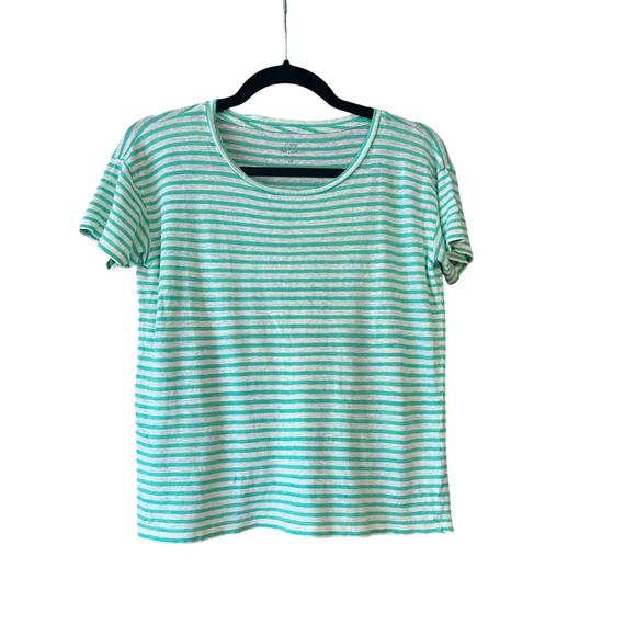 J. Crew Women's 100% Linen Crewneck Relaxed Fit T-Shirt Green White Stripe SZ XS - Picture 1 of 9